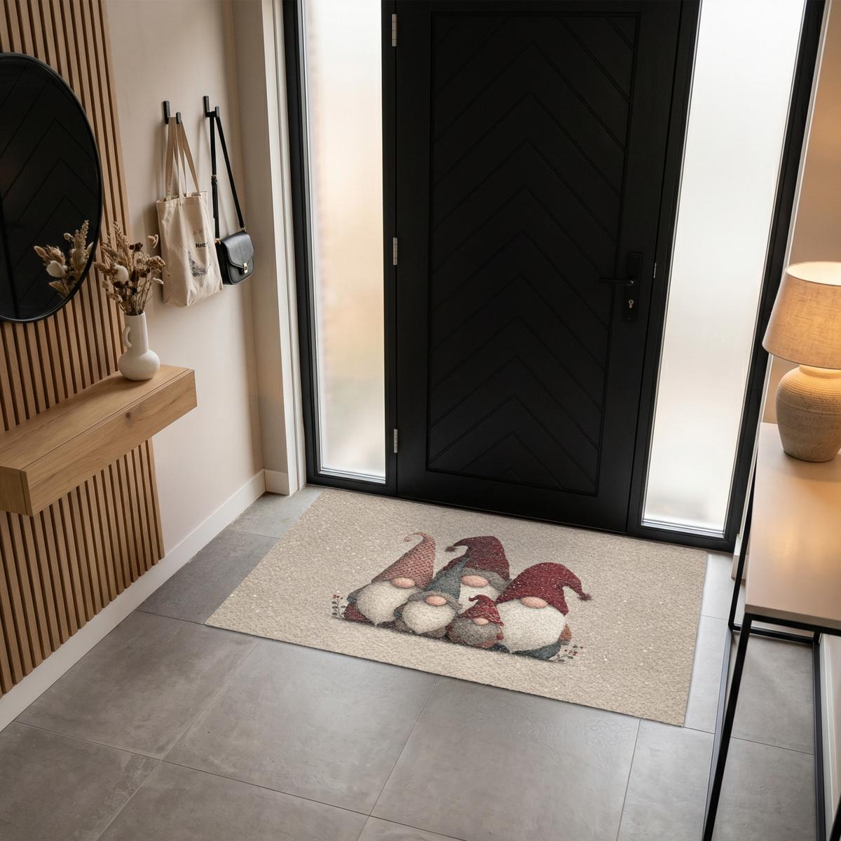 FUSSMATTE Wichtel - Weihnachten - Schnee - Zipfelmützen Türmatte 150x90 cm - Beige, Kunststoff (150/0.4cm) - MuchoWow