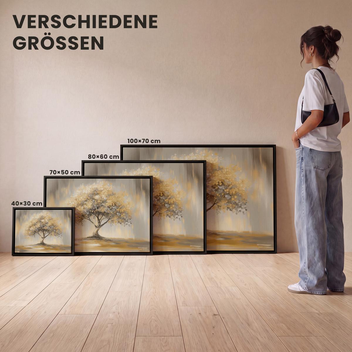 LEINWAND Bilder mit Rahmen - Gemälde - Baum - Abstrakt - Blätter - 100x70 - Beige, Textil (100/70cm) - MuchoWow