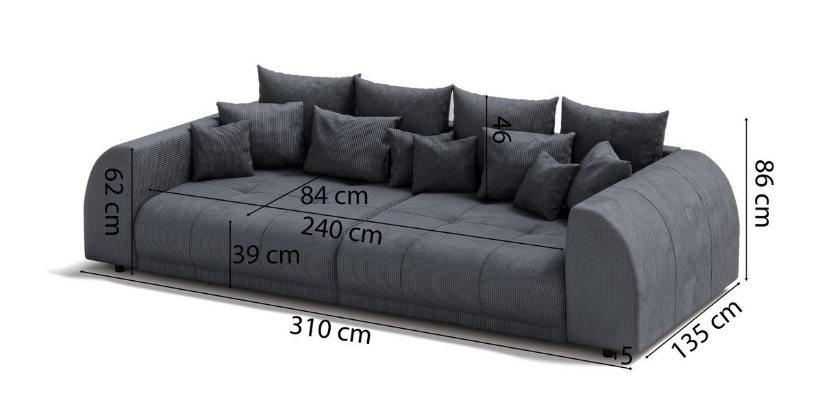 BIGSOFA Levana 5 Sitzer Grau Cord-Stoff - Schwarz/Grau, Holz/Kunststoff (310/86/135cm) - S-Style Möbel