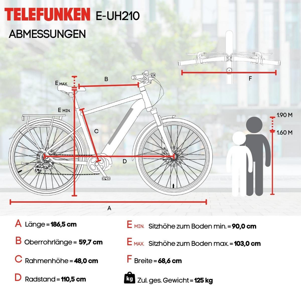 E-BIKE Urban UH210 Elektrofahrrad 28 Zoll Pedelec 417,6 Wh Hinterradmotor 7-Gang Kettenschaltung, leicht - Grau, Metall (111cm) - Telefunken