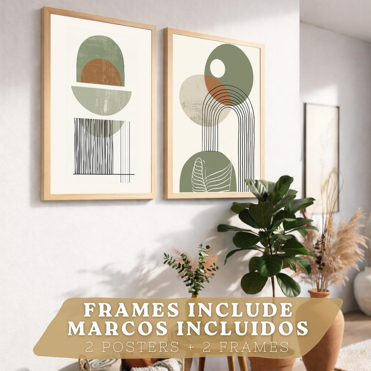 POSTER 3er Kunstdruck-Set Wandbilder Abstrakt Grün modern Wohnzimmer Deko, Schlafzimmer, Küche, Badezimmer Leichter Holzrahmen A3 - Beige, Papier (29.7/1/42cm) - Nacnic