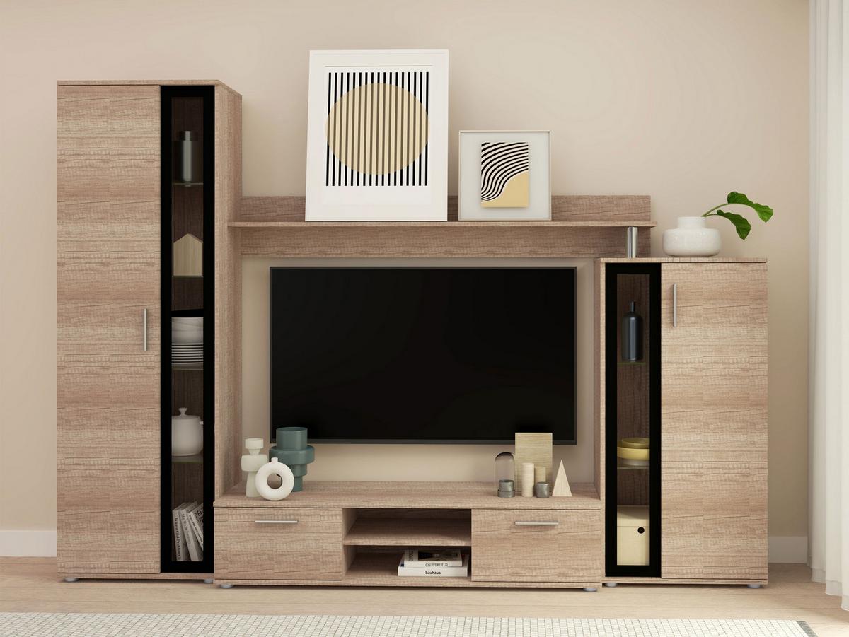 WOHNWAND Bentley - Schwarz/Naturfarben, Holzwerkstoff (256/182/40cm) - MIRJAN24
