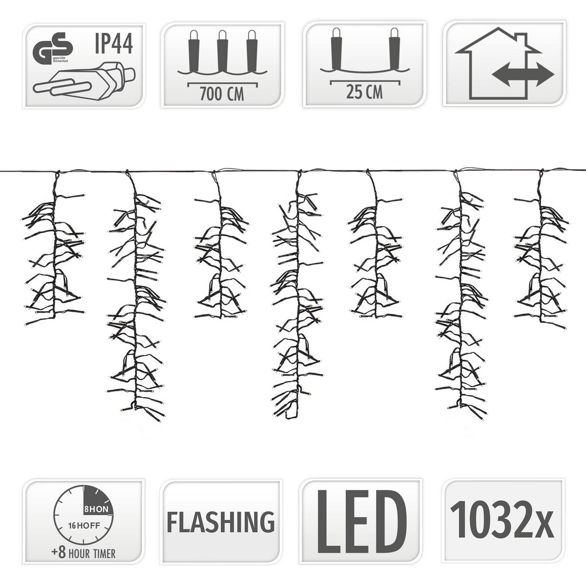 LED EISREGEN LICHTERKETTE Außen Innen Eiszapfen Weihnachtsbeleuchtung mit Timer 7m 1032 LED Warmweiß - Schwarz, Kunststoff (1200cm) - ECD-Germany