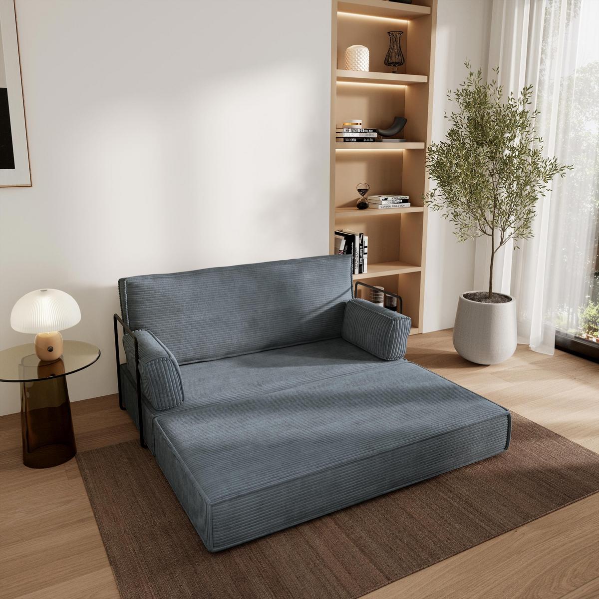 BETTSOFA LADIA aus Schaumstoff Kordstoff Grau Schlaffunktion - Grau, Textil (140/86/60cm) - MASSENO