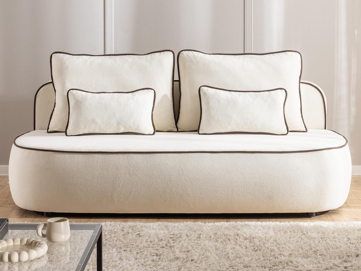 SCHLAFSOFA Vero im modernen und abgerundeten Design mit Bettkasten aus Creme Plüschstoff mit brauner Paspel - Creme/Schwarz, Holz/Kunststoff (210/90/98cm) - S-Style Möbel