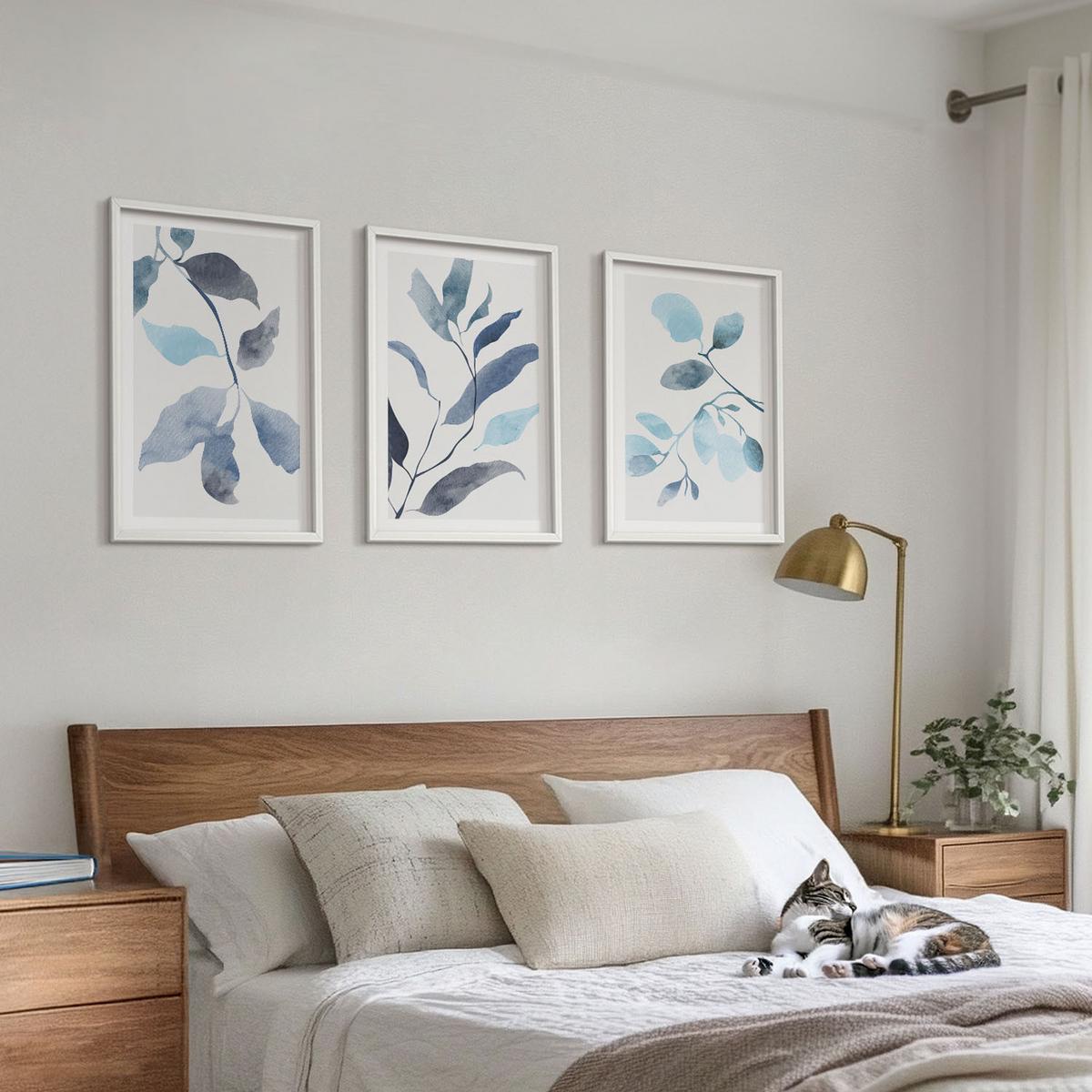 BILDER SET 3er Set - 40x60 cm Weißer Rahmen - Aquarell von blauen Blättern - Weiß, Kunststoff (40/60cm) - TULUP