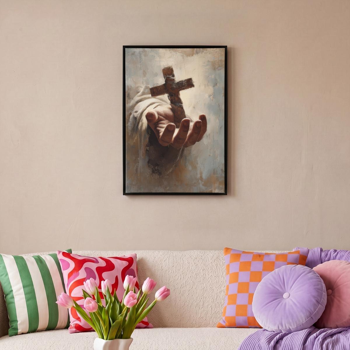 LEINWAND Bilder mit Rahmen - Abstrakt - Kreuz - Hand - Christentum - 40x60 - Hellbraun, Textil (40/60cm) - MuchoWow