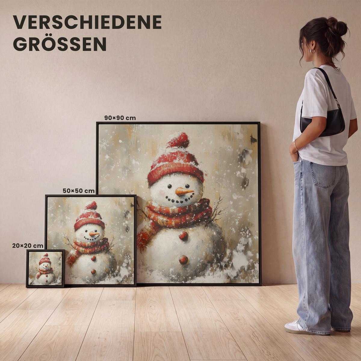 LEINWAND Bilder mit Rahmen - Schneemann - Winter - Schnee - Beige - 50x50 - Weiß, Textil (50/50cm) - MuchoWow