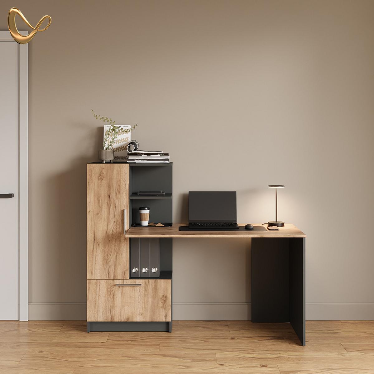 SCHREIBTISCH Lorena Anthrazit/Goldkraft Eiche 150 x 120.1 cm mit 2 Türen - Honigeiche/Anthrazit, Holzwerkstoff (59.3/150/120.1cm) - Livinity®