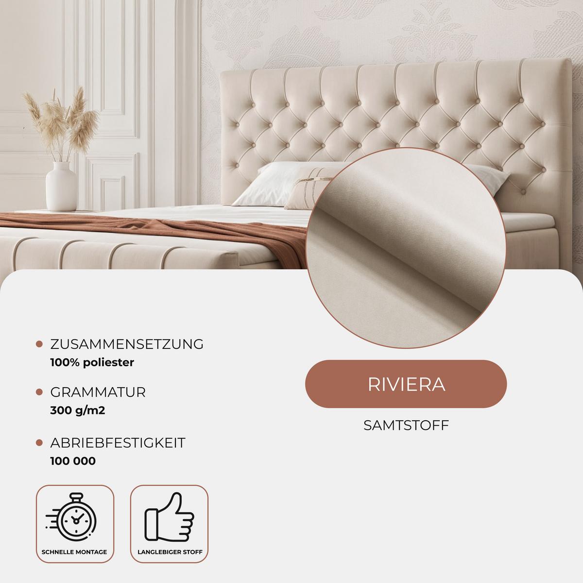 BOXBETT JOLIE 180x200 cm mit Matratze, Creme - Creme, Textil (180/200cm) - Idohome