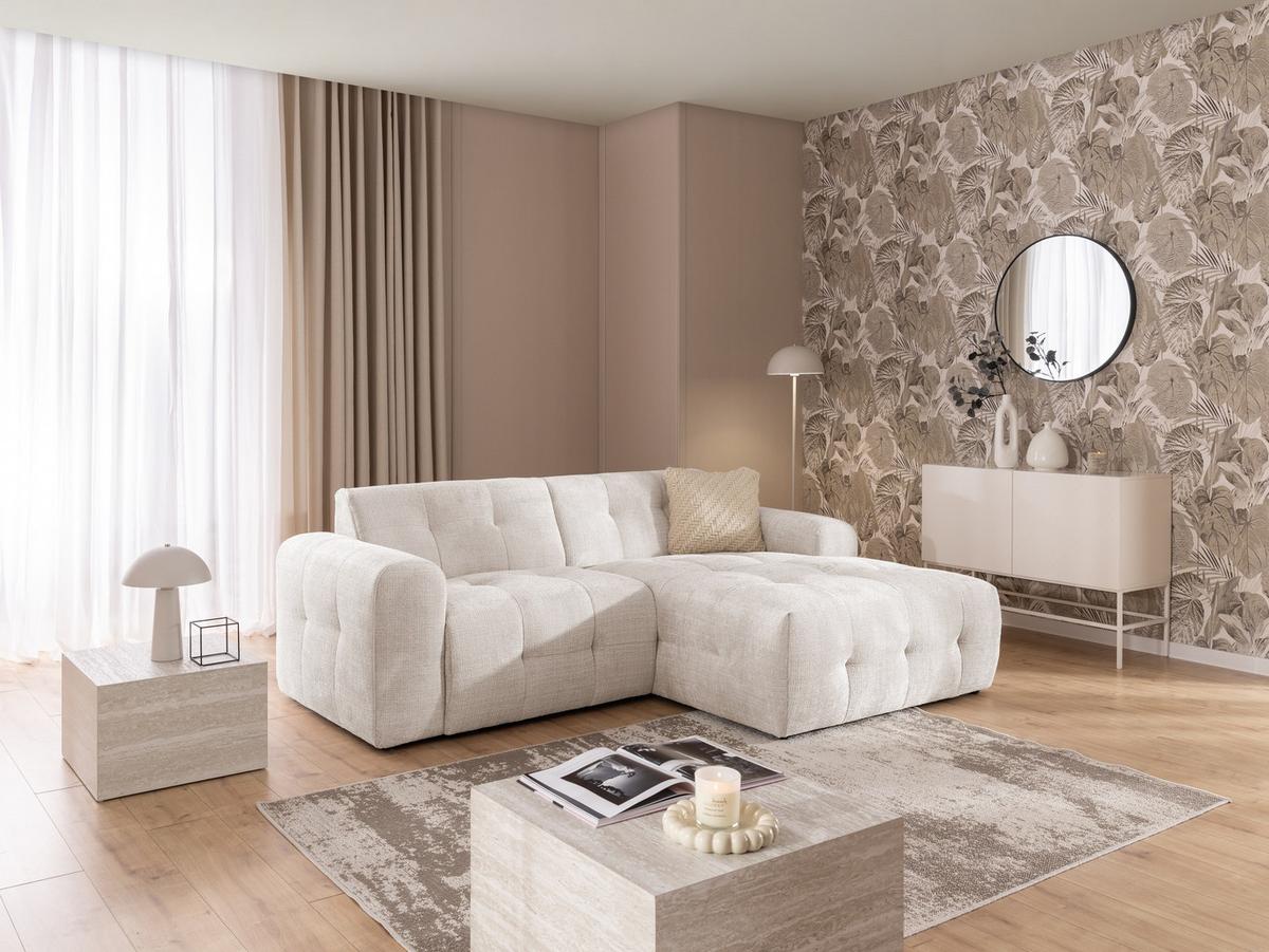 ECKSOFA Kozy im Bumpy-Design mit fester Rückenlehne aus weichem Beige Chenille-Stoff - Ottomane rechts - Beige/Creme, Holz/Kunststoff (234/161cm) - S-Style