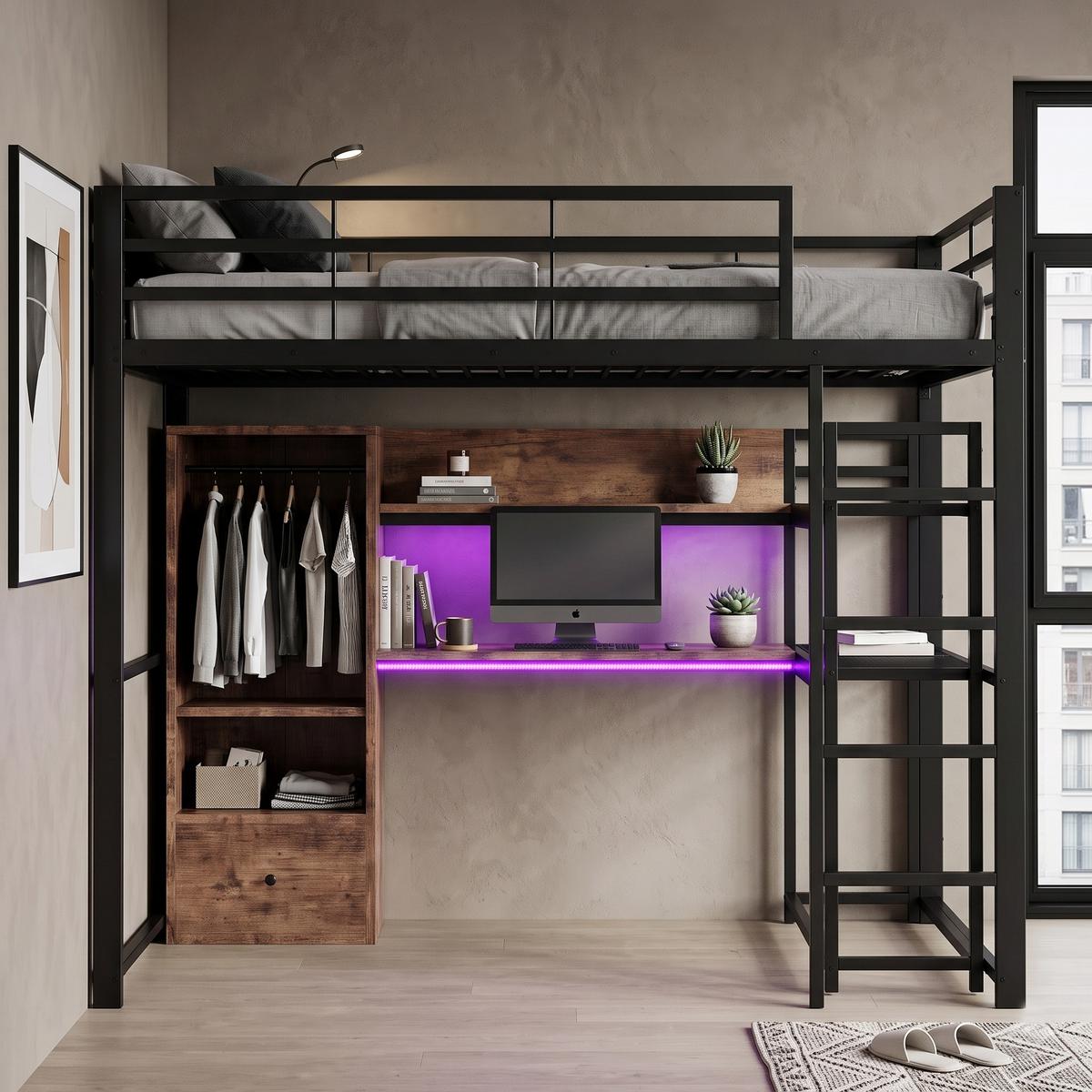 HOCHBETT metall schwarz 140x200cm mit schreibtisch led - Schwarz, Holzwerkstoff (140/200cm) - Urban Meuble
