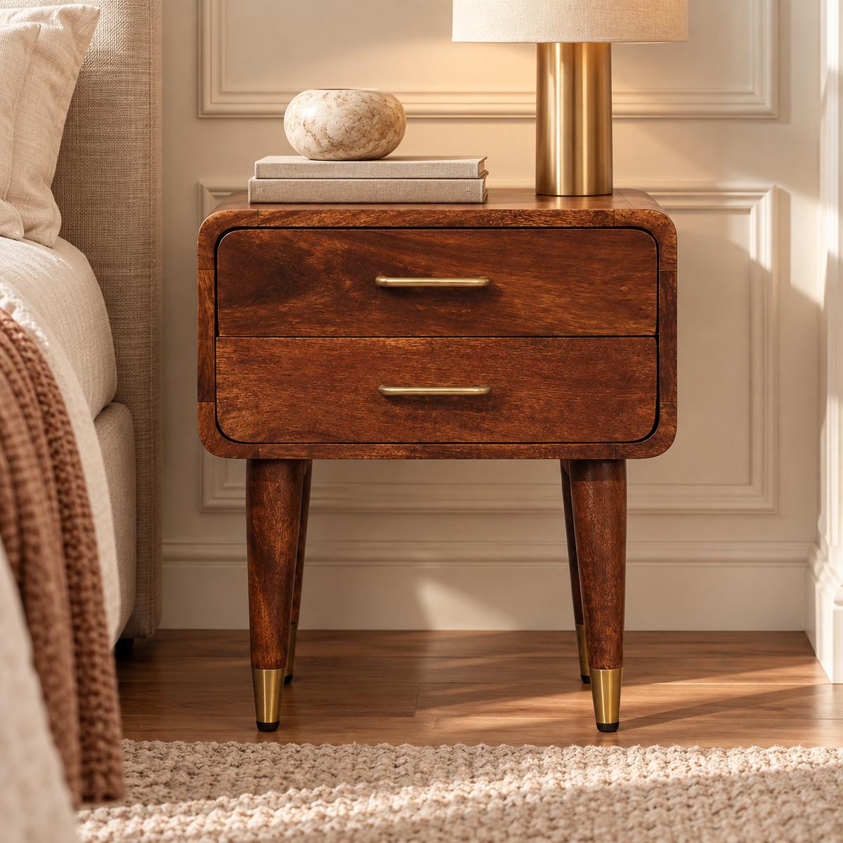 NACHTKASTEN Astor, 2 Schubladen, Dunkelbraun - Rotbraun/Messingfarben, Holz/Metall (45/55/35cm) - Artisan Furniture