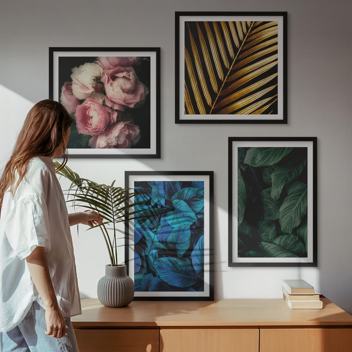 BILDER SET 4er Set - 50x50 cm & 40x60 cm Schwarzer Rahmen - Blätter und Blüten in verschiedenen Farben - Schwarz, Kunststoff (50/50cm) - TULUP