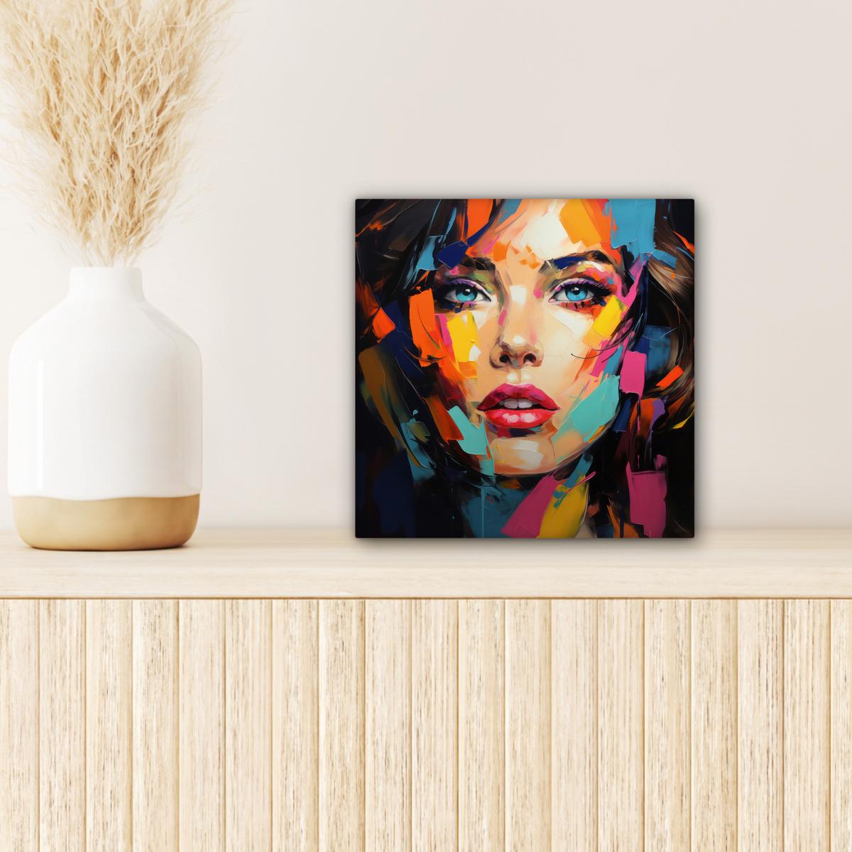 LEINWANDBILD Frau - Porträt - Farbenfroh - Kunst Deko Wohnzimmer 20x20 cm - Multicolor, Textil (20/20cm) - MuchoWow