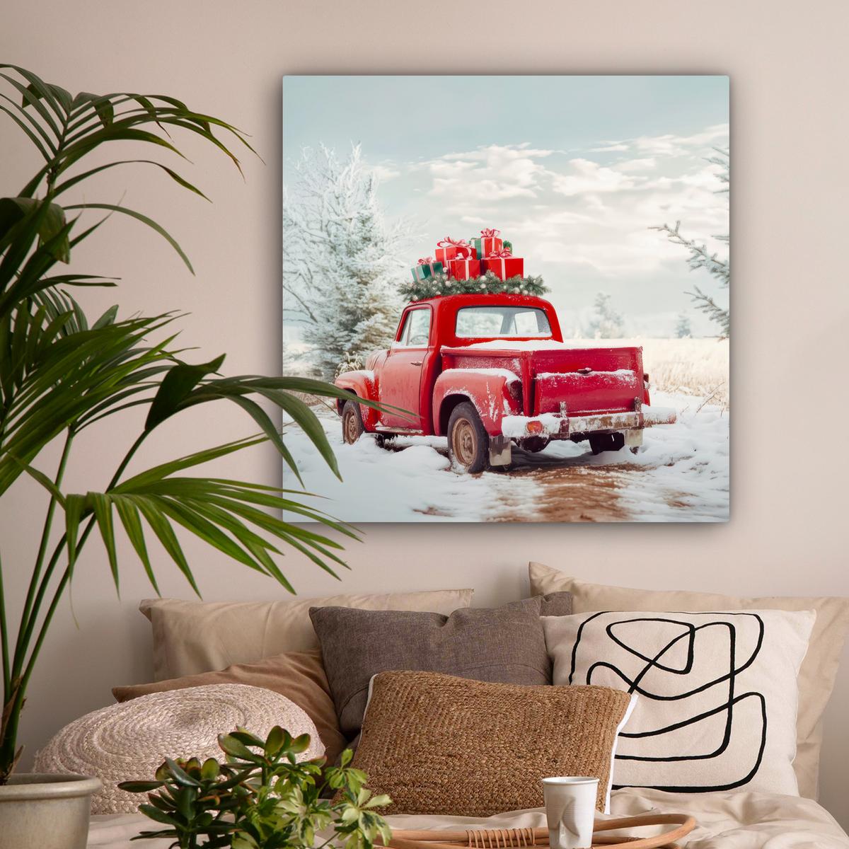 LEINWANDBILD Auto - Rot - Geschenke - Winter - Schnee - Weihnachten Deko Groß 90x90 cm - Rot, Textil (90/90cm) - MuchoWow