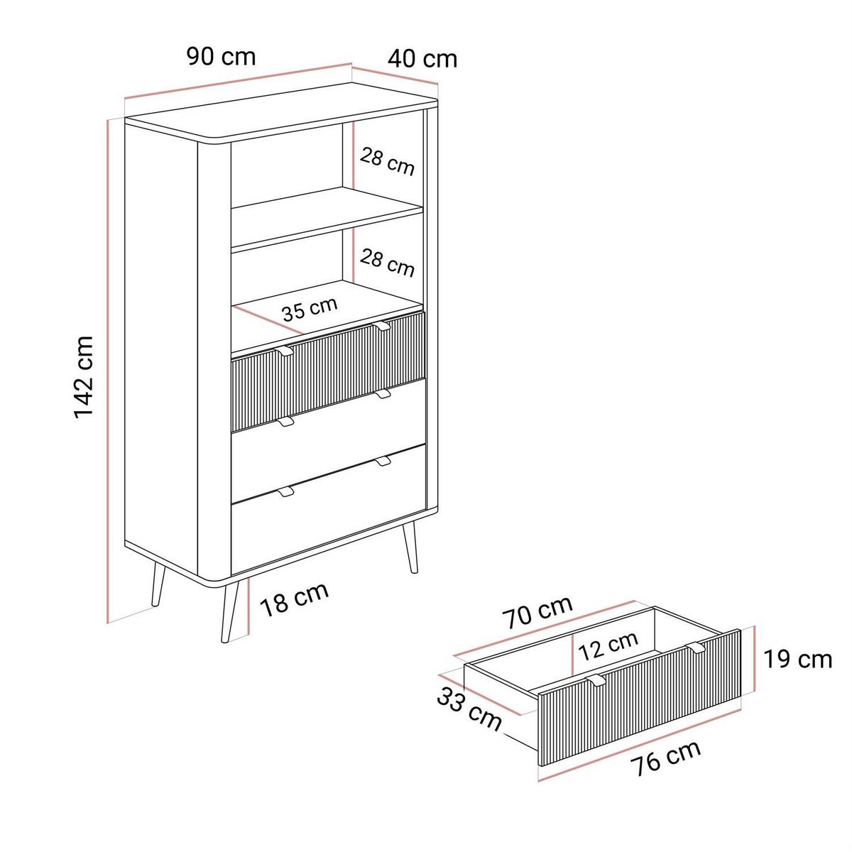 HIGHBOARD mit Schubladen AUTUMN 2D3S mit geriffelter Front, Kaschmir / Nussbaum - Beige/Braun, Holzwerkstoff (90/142/40cm) - Lookway