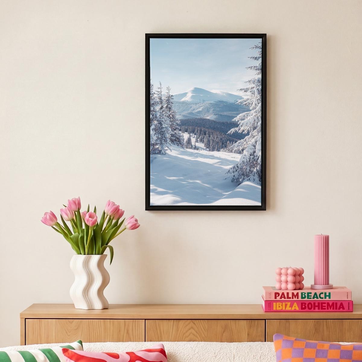 LEINWAND Bilder mit Rahmen - Winterlandschaft - Natur - Berge - Bäume - Schnee - 20x30 - Hellblau, Textil (20/30cm) - MuchoWow