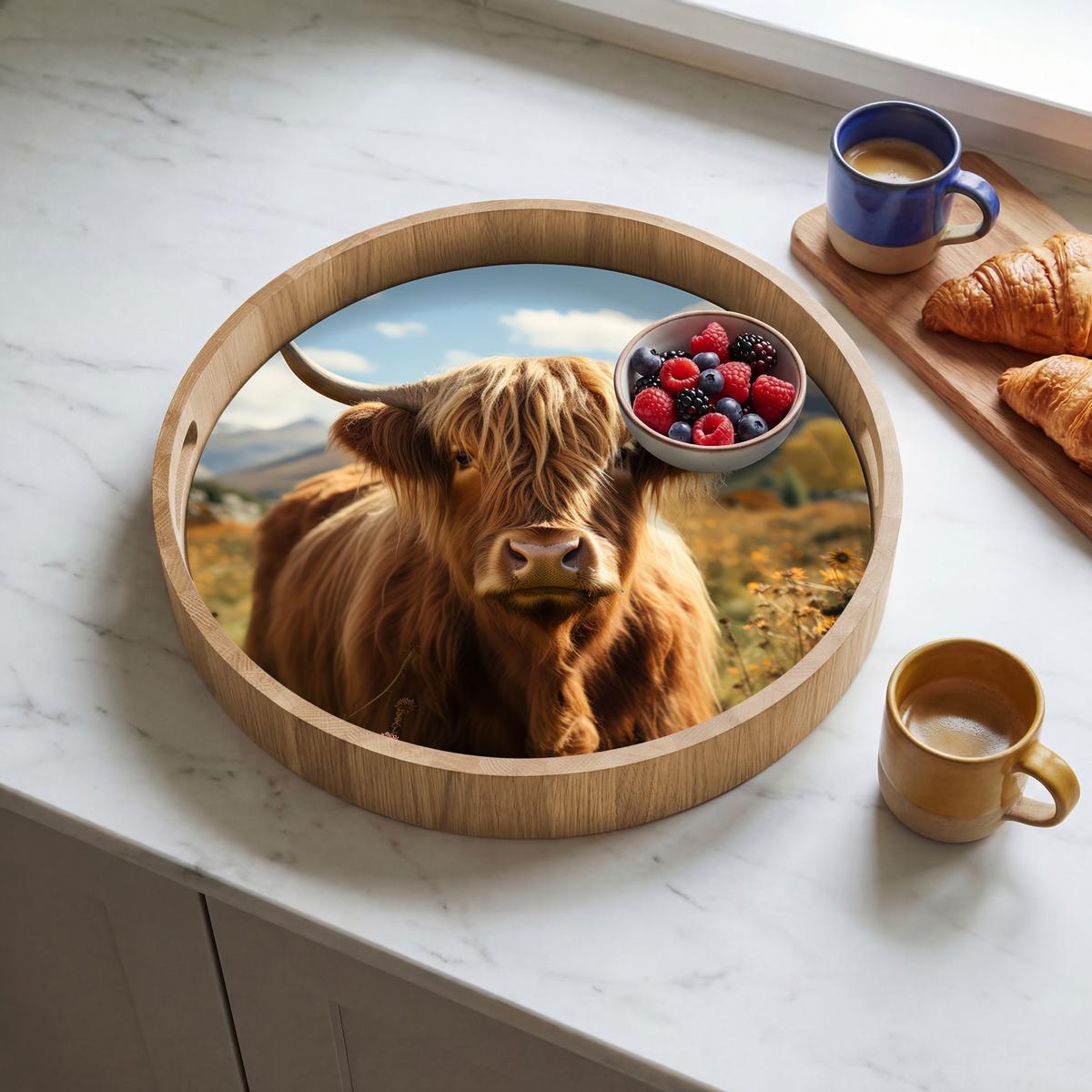 TABLETT Schottische Highlander - Blumen - Hörner - Wolken 40x40 cm - Braun, Holz (40/5/5cm) - OnlyWow