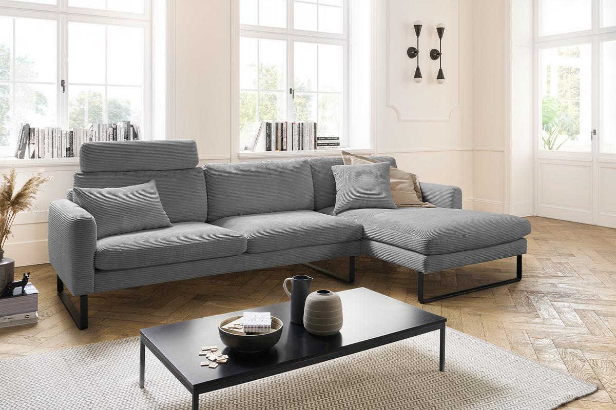ECKSOFA RICARDA Grau Cord - Schwarz/Grau, Textil/Metall (298/154cm) - KAWOLA