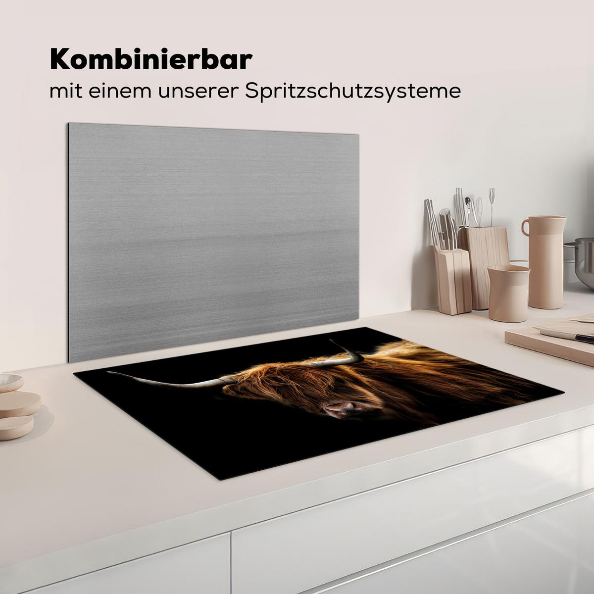 HERDABDECKPLATTE Schottischer Highlander - Hörner - Schwarz - Tiere - Natur - Wild - Kuh Ceranfeldabdeckung 78x52 cm - Cognac, Kunststoff (78/52/0.2cm) - MuchoWow
