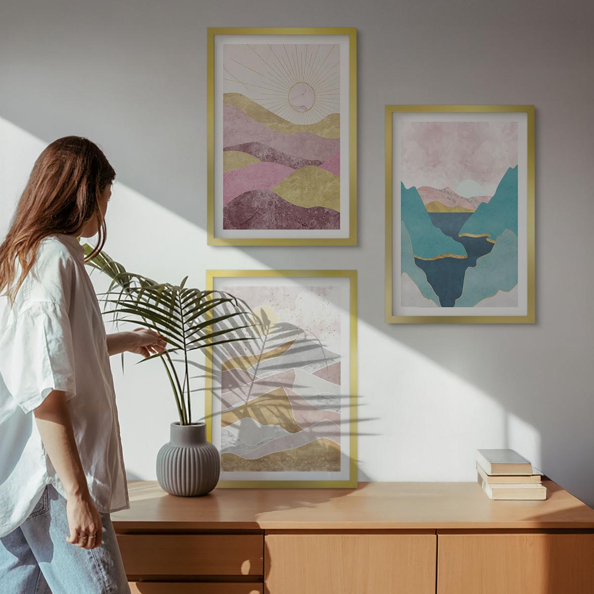 BILDER SET 3er Set - 40x60 cm Goldrahmen - Abstrakte Berge Sonne - Goldfarben, Kunststoff (40/60cm) - TULUP