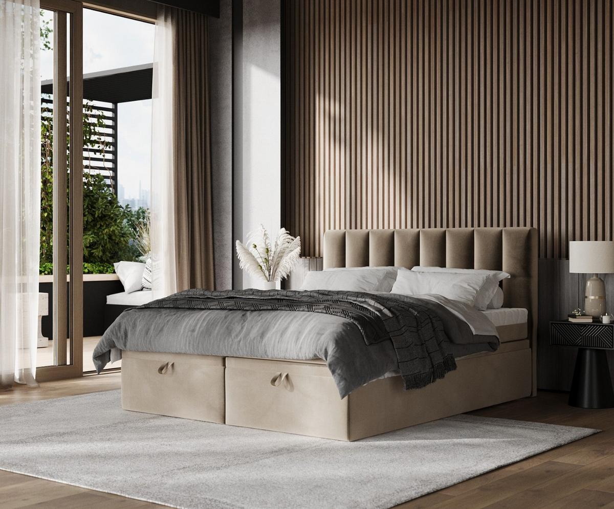 BOXBETT Lume 160/200 cm Taupe im Paros Stoff - Taupe/Schwarz, Holz/Holzwerkstoff (160/200cm) - AltaBeds