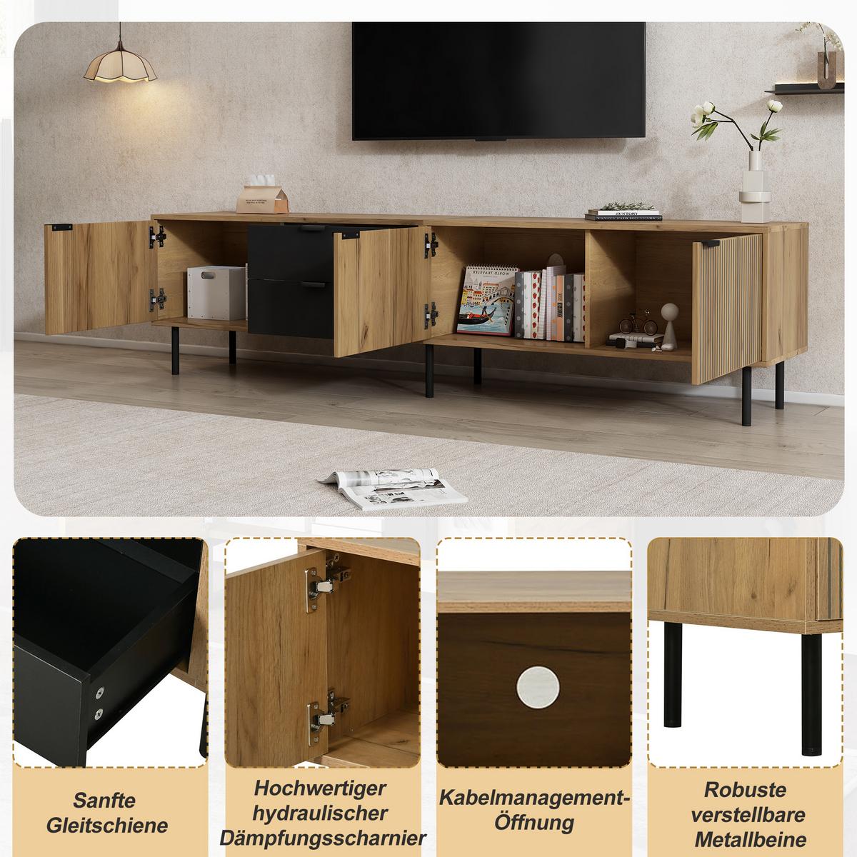 TV-LOWBOARD Lowboard 208cm Schwarz & Holzoptik für 85 Zoll, 3 Schränke und 2 Schubladen - Naturfarben, Holzwerkstoff (208/48/40cm) - Urban Meuble