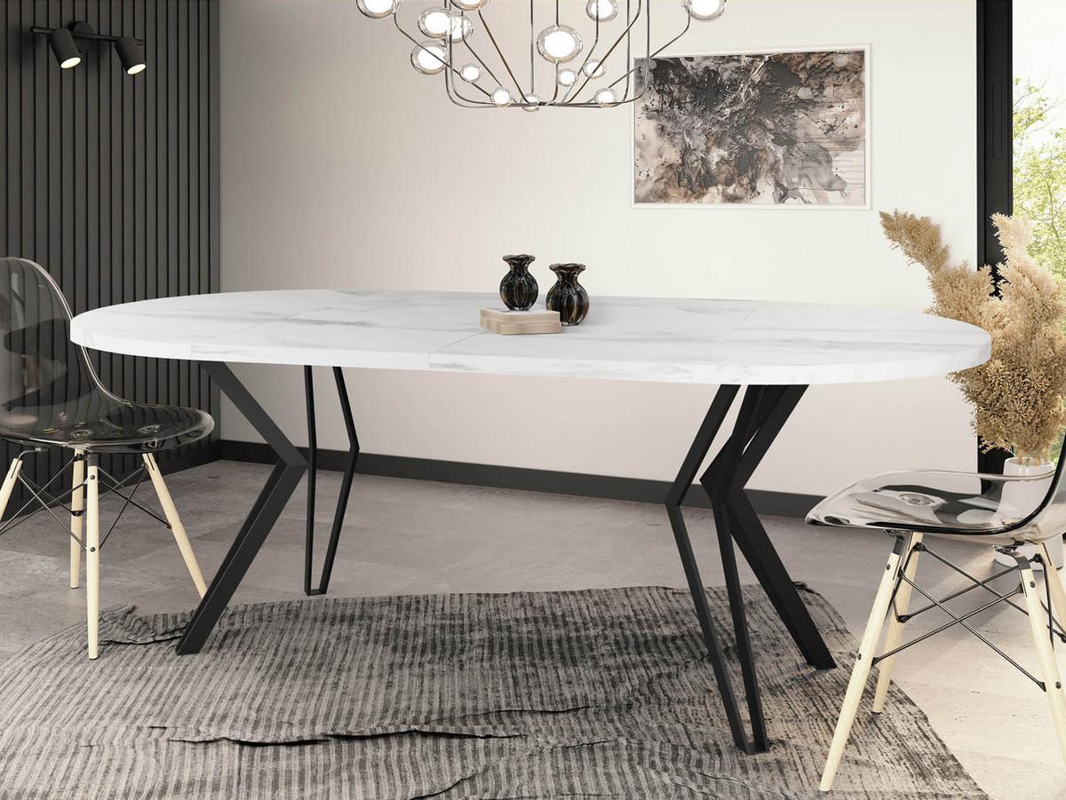 ESSTISCH Revena runder ausziehbarer, Marmor Weiß 120-200/120/76 cm - Ecru/Schwarz, Holzwerkstoff/Metall (120/200/76cm) - WFL GROUP