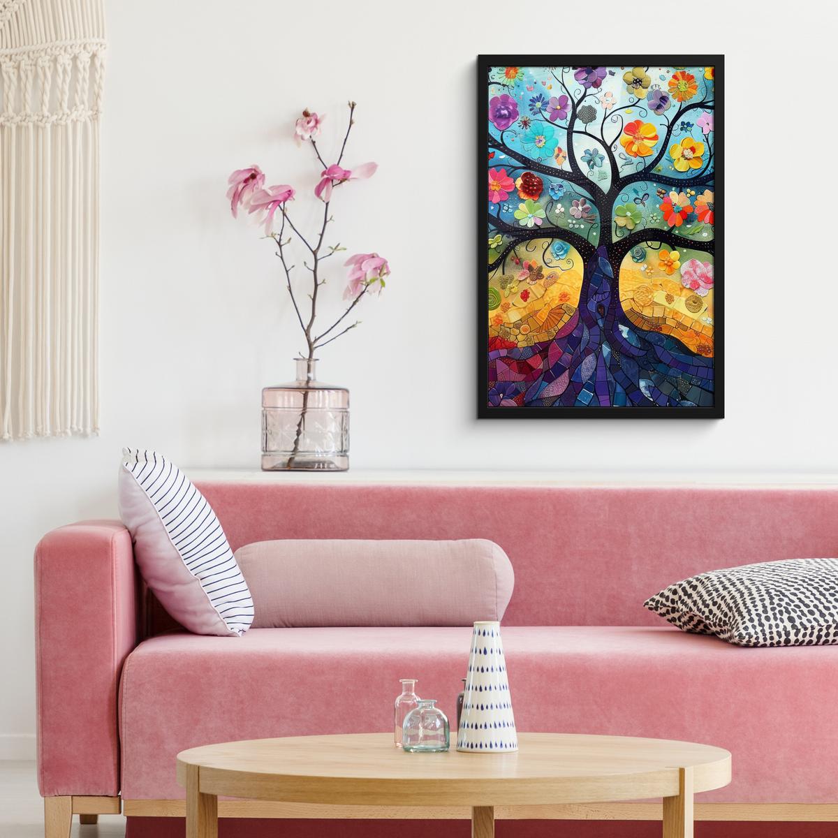 POSTER MIT RAHMEN Kunst - Baum des Lebens - Blumen - Hippie Bilder mit Rahmen 40x60 cm - Dunkelblau, Papier (40/60cm) - MuchoWow