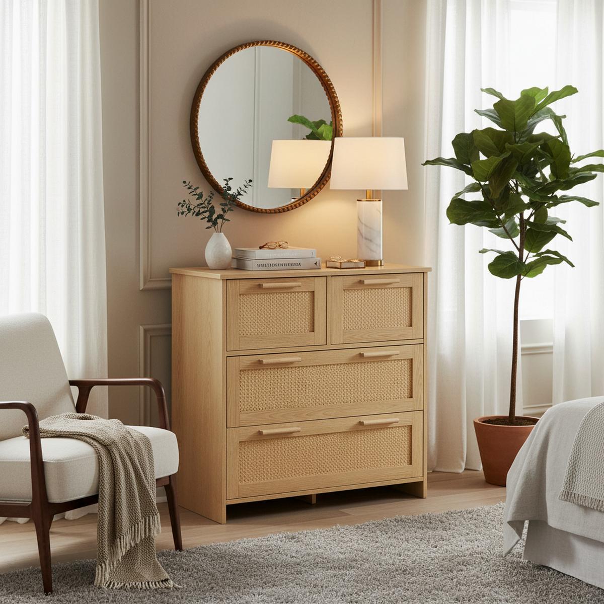 SIDEBOARD Rattan kommode mit 4 Schubladen & Massivholz Griffen - Eichefarben, Naturmaterialen/Holzwerkstoff (80/80/38cm) - Urban Meuble