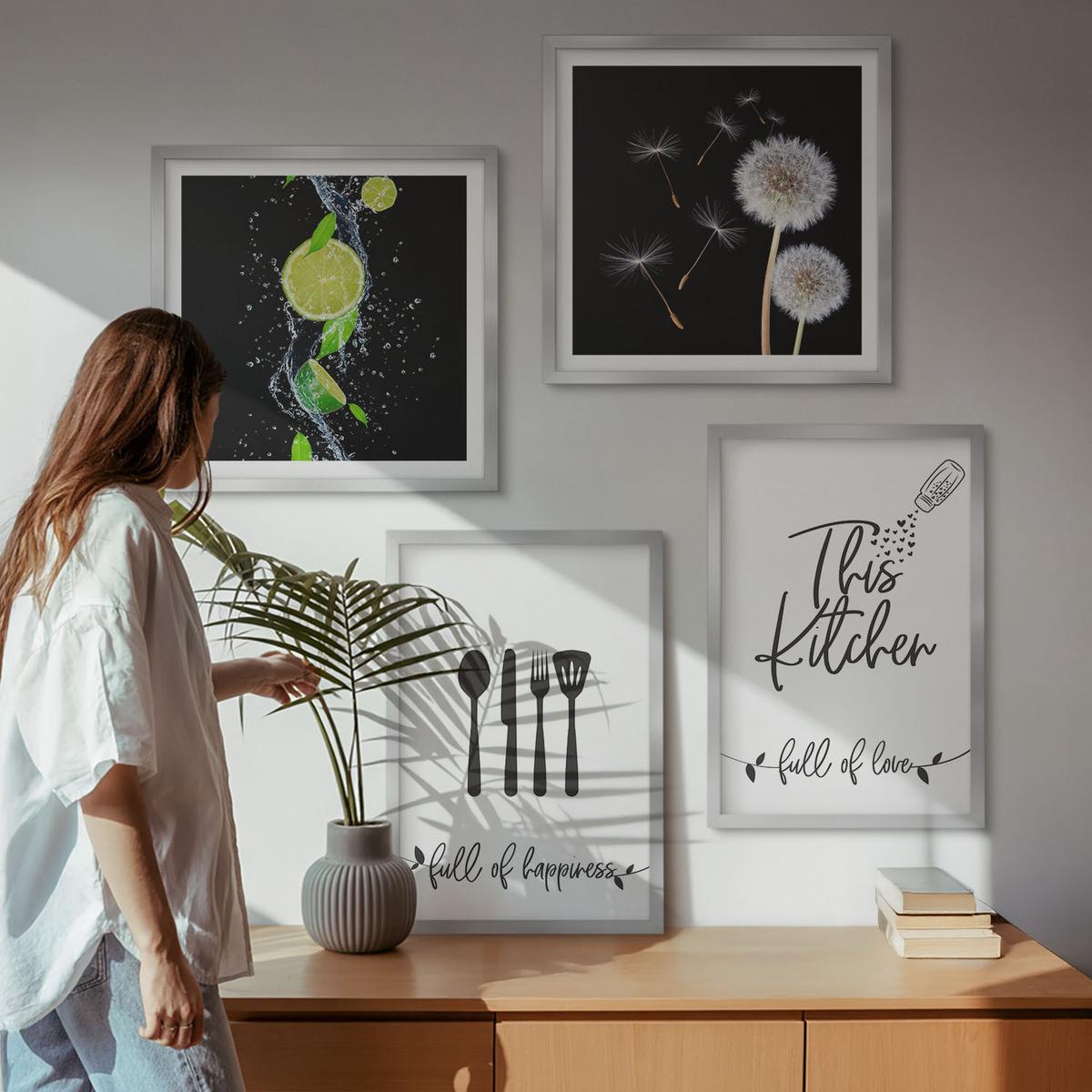 BILDER SET 4er Set - 50x50 cm & 40x60 cm Silberner Rahmen - Löwenzahn-Kalk-Kücheninschriften - Silberfarben, Kunststoff (50/50cm) - TULUP