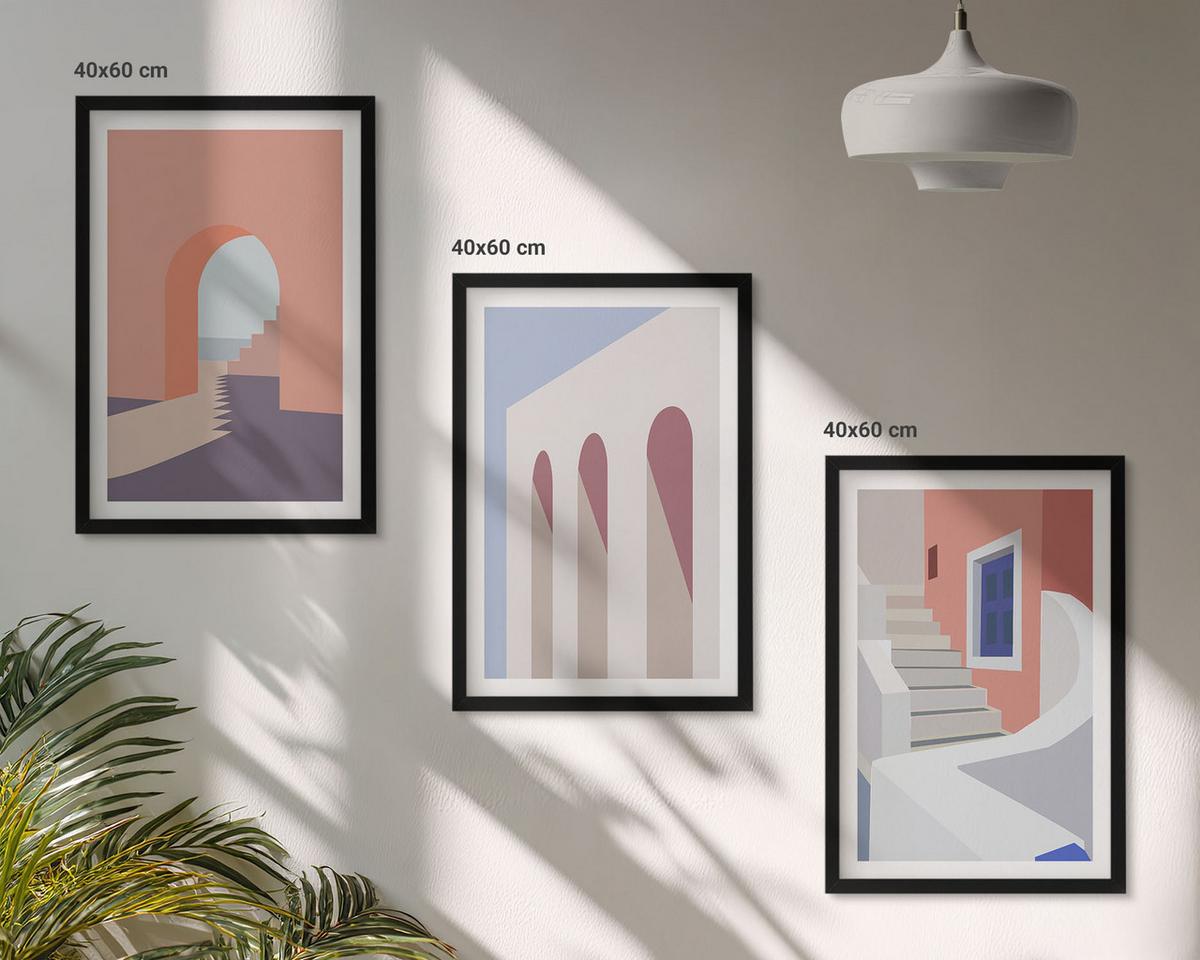BILDER SET 3er Set - 40x60 cm Schwarzer Rahmen - Minimalistische Architekturillustrationen - Schwarz, Kunststoff (40/60cm) - TULUP