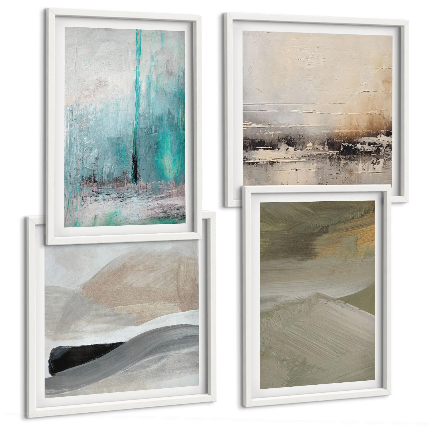 BILDER SET 4er Set - 50x50 cm & 40x60 cm Weißer Rahmen - Gemalte abstrakte Dekorationen - Weiß, Kunststoff (50/50cm) - TULUP