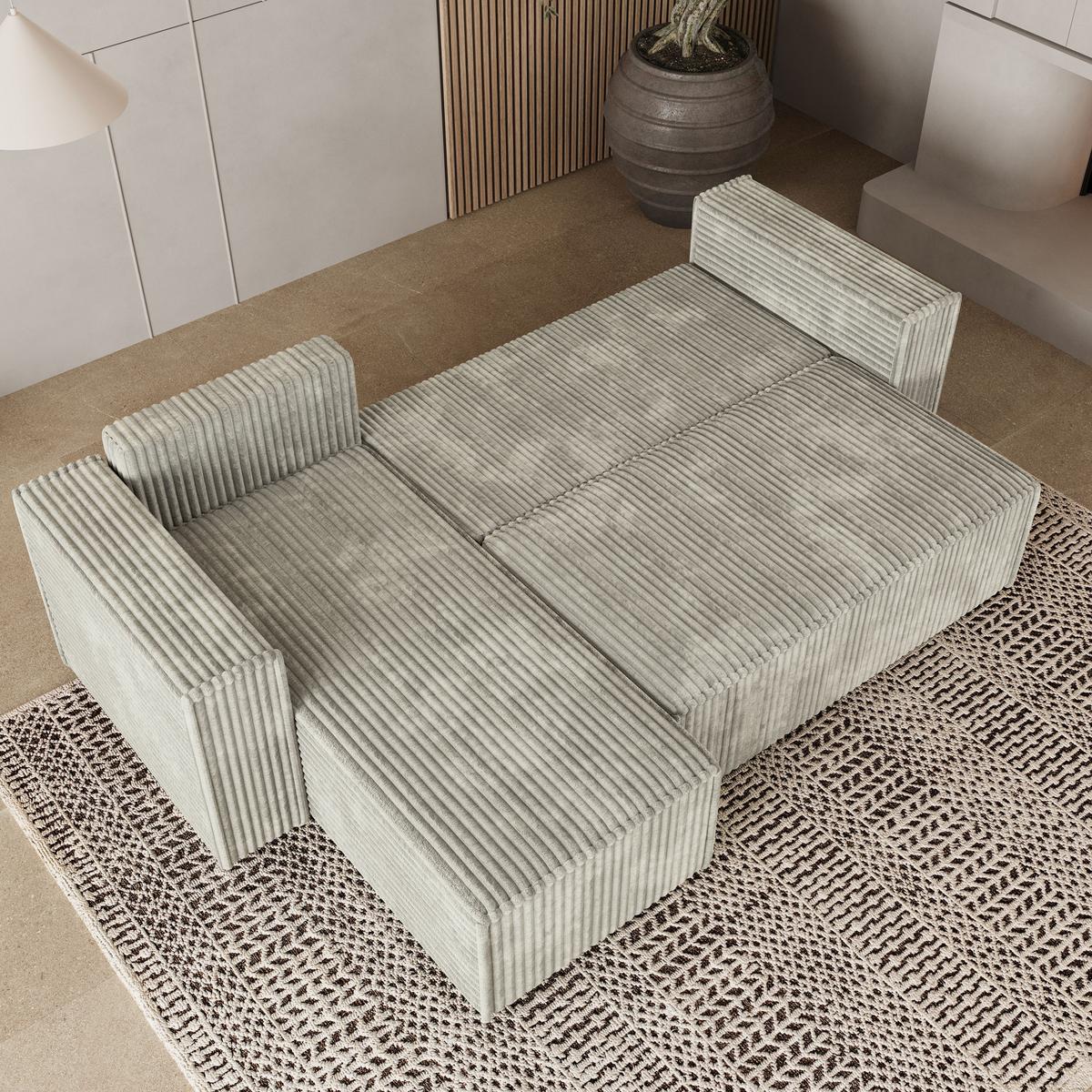 ECKSOFA RAVELO T Hellgrau Kordstoff mit Schlaffunktion - Hellgrau/Grau, Holz/Kunststoff (240/140cm) - MASSENO