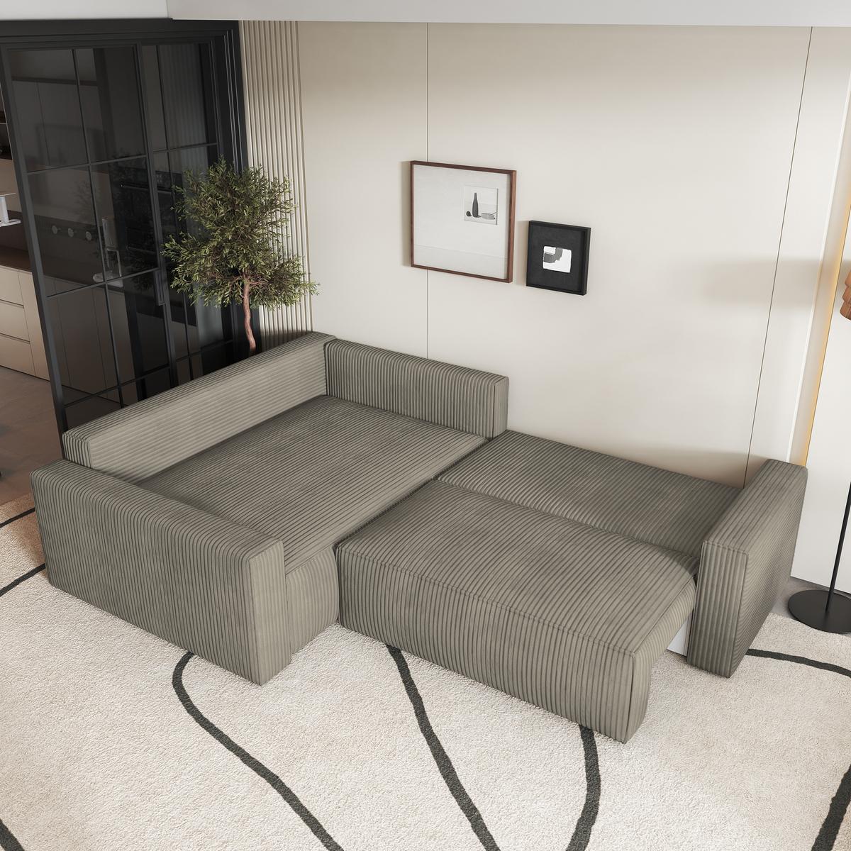 ECKSOFA ERONIS L-S Beige Kordstoff mit Schlaffunktion - Beige, Holz (265/194cm) - MASSENO