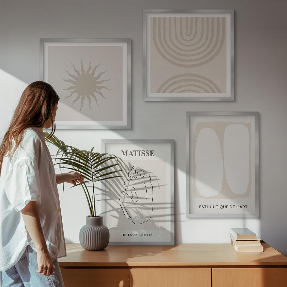 BILDER SET 4er Set - 50x50 cm & 40x60 cm Silberner Rahmen - Stilvolle minimalistische Linien - Silberfarben, Kunststoff (50/50cm) - TULUP