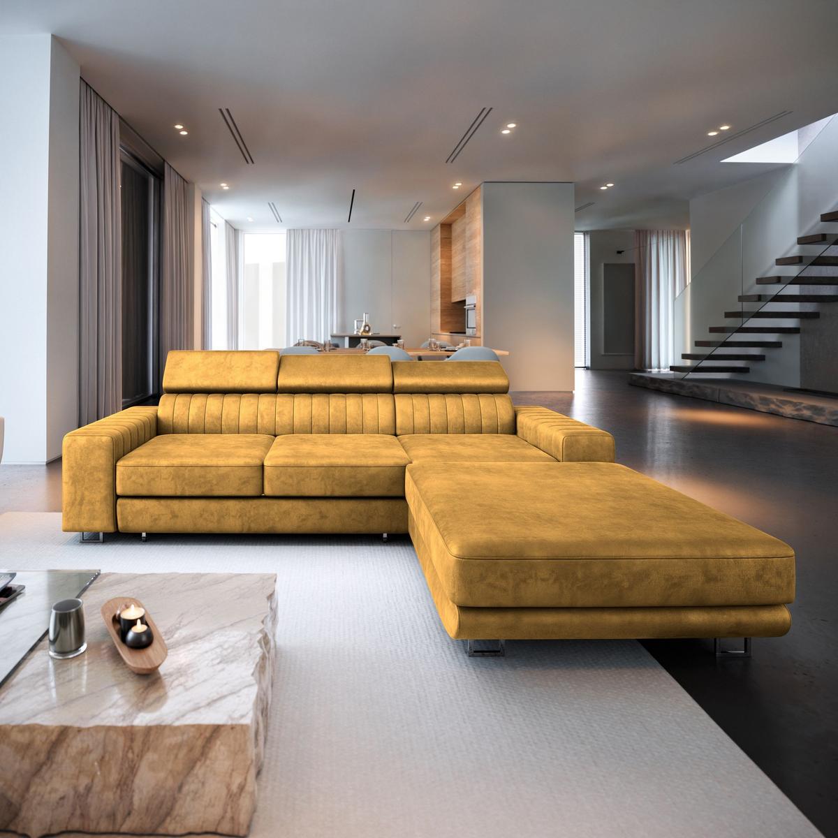 ECKSOFA NOTO R-S Gelb Velours-Stoff mit Schlaffunktion - Gelb/Silberfarben, Holz/Textil (267/190cm) - MASSENO