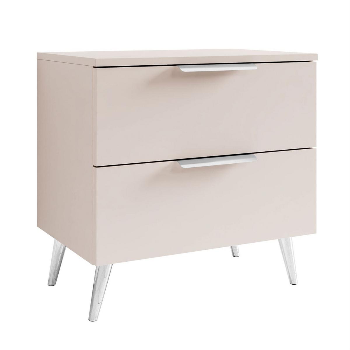 NACHTKOMMODE LINA KASCHMIR 2S auf schrägen Beinen LED silberne Griffe und Beine - Beige, Holzwerkstoff (55/55/37cm) - Lookway