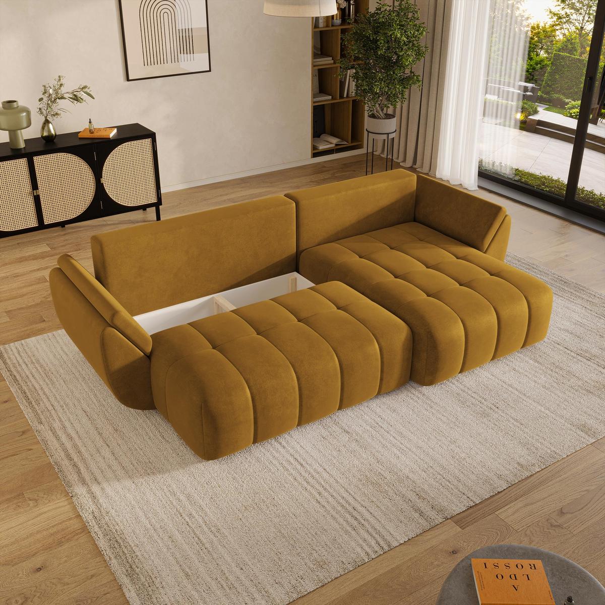 ECKSOFA OLSI Gelb Velours-Stoff mit Schlaffunktion - Gelb, Holz (285/148cm) - MASSENO