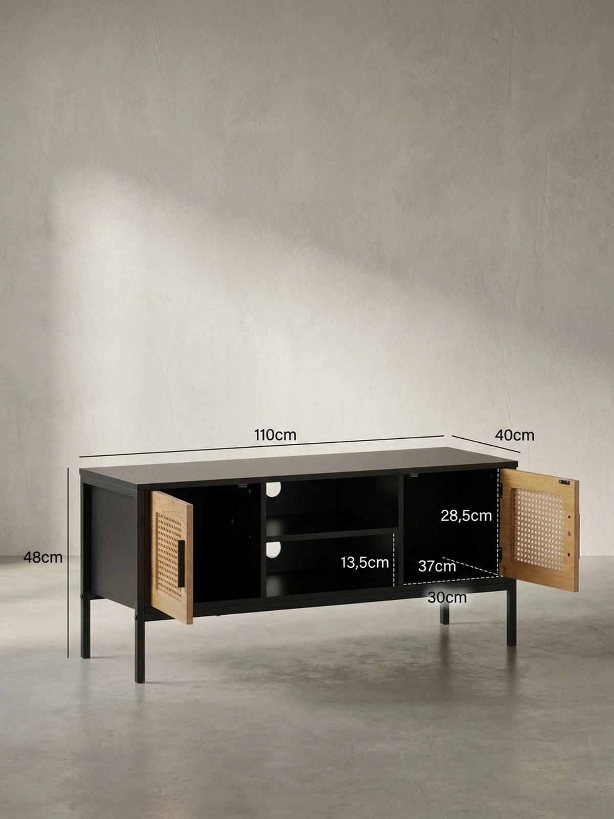 LOWBOARD Schwarz Eiche-Dekor Zeitloser Stil 110x48x40 cm mit Wiener Geflecht und Türen - Schwarz, Holzwerkstoff/Metall (110/48/40cm) - KADIMA DESIGN