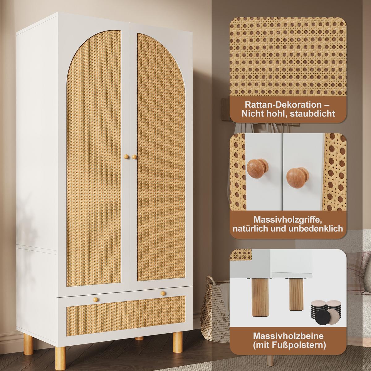 KLEIDERSCHRANK Weiß mit Rattan & Schublade Landhausstil 180×85×52 cm - Weiß, Holzwerkstoff (85/181/52cm) - Urban Meuble