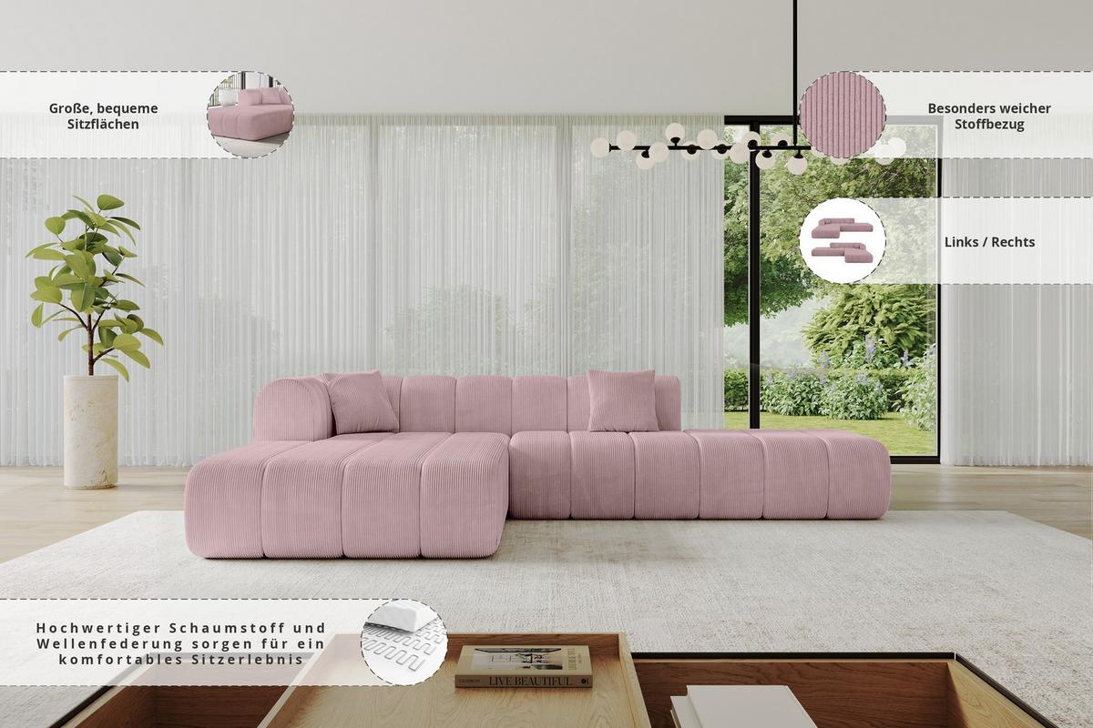 ECKSOFA Ottomane Links BILA-L 289x176x71 Rosa Cord - Schwarz/Rosa, Holzwerkstoff/Kunststoff (176/289cm) - ALTDECOR
