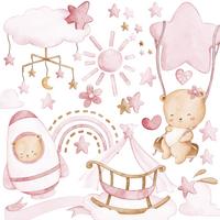 WANDTICKER Teddybären rosa Wolken Sterne 60x30 - Beige/Rosa, Papier (60/30/1cm) - Muralo
