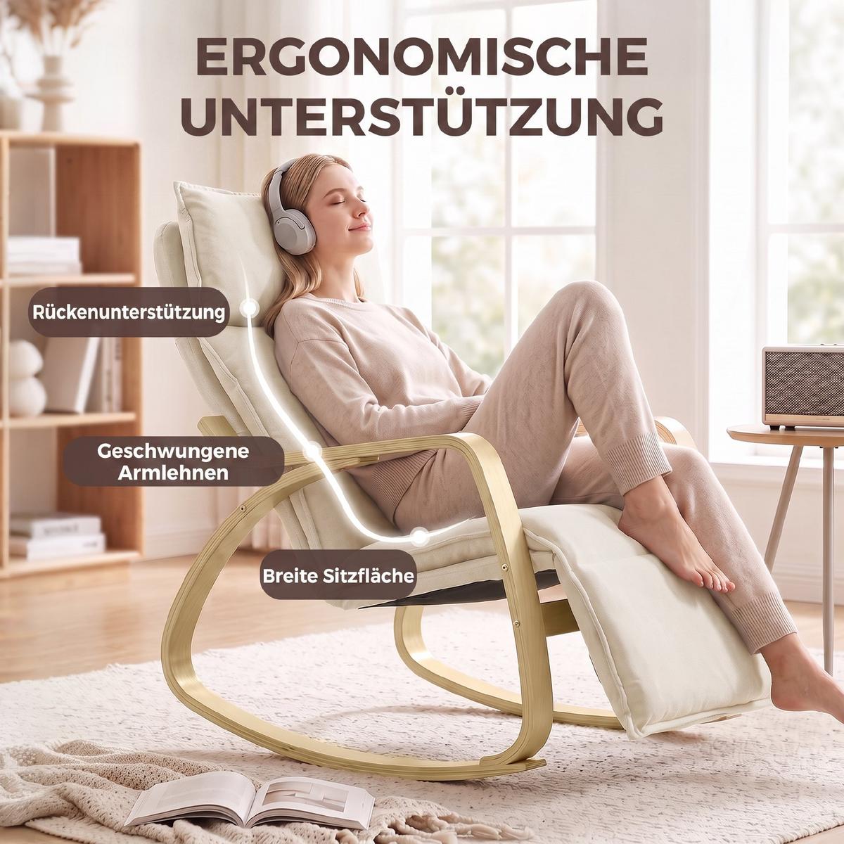 SCHAUKELSTUHL Polyester Cremeweiß - Creme/Schwarz, Birkenholz/Holzwerkstoff (67/92/106cm) - HOMCOM