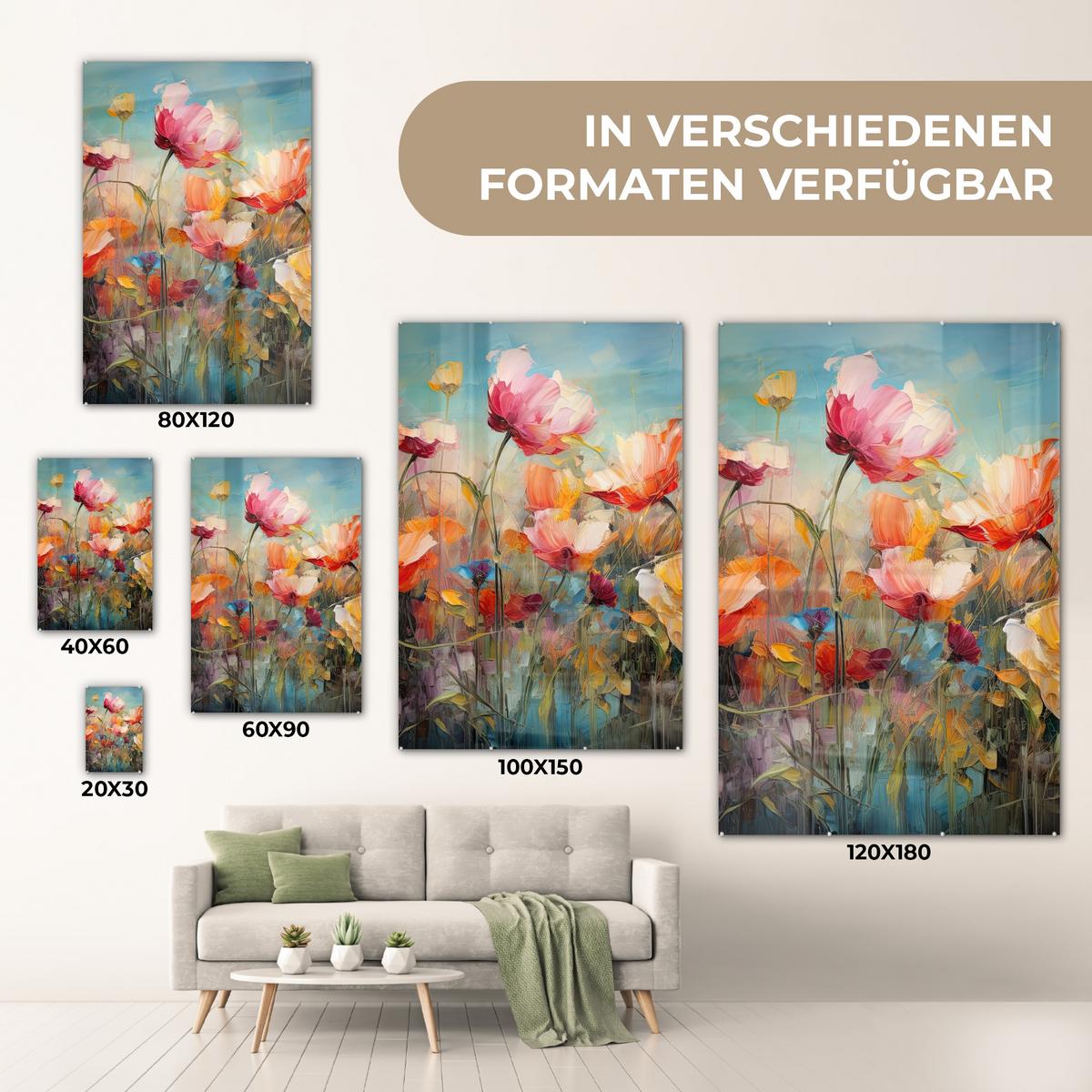 ACRYLGLASBILD Blumen - Aquarell - Kunst - Botanisch - Natur 80x120 cm - Orange, Glas (80/120cm) - MuchoWow