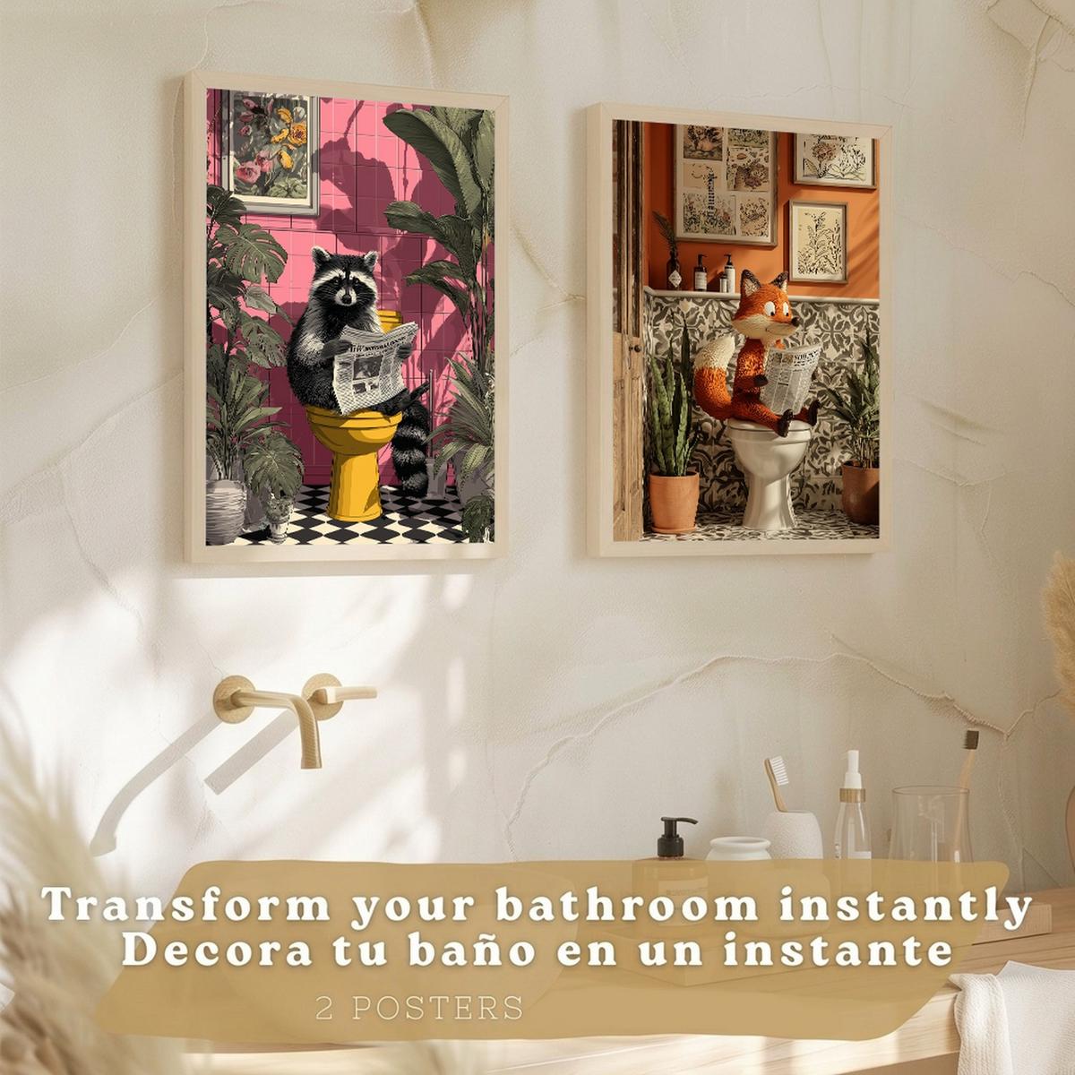 POSTER 2er-Set lustige Tierdrucke im Badezimmer, Fuchs und Waschbär-Dekorationsbilder im modernen Stil Rahmenlos A3 - Klar, Papier (42/29.7/3cm) - Nacnic