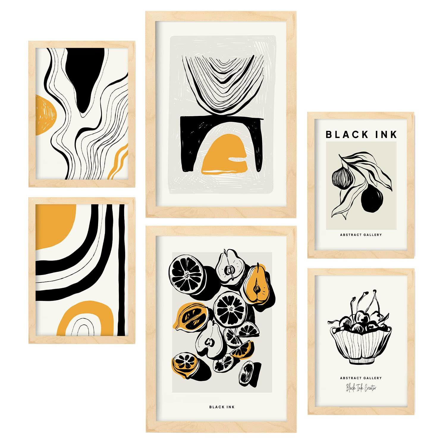 POSTER Set Mit 6 In Schwarzer Tinte Früchte Künstlerische Und Abstrakte Drucke Für Innenarchitektur A3 & A4 Rahmen Aus Hellem Holz - Beige, Papier (29/3cm) - Nacnic