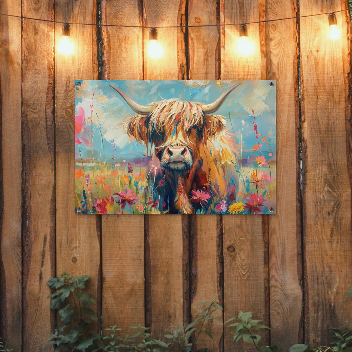 GARTENPOSTER Schottische Hochländer - Natur - Farbenfroh - Blumen Gartendeko 90x60 cm - Hellblau, Kunststoff (90/60/0.2cm) - OnlyWow