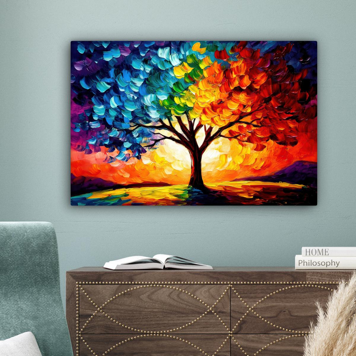 LEINWANDBILD Baum - Kunst - Natur - Sonnenuntergang Gemälde 60x40 cm - Multicolor, Textil (60/40cm) - MuchoWow